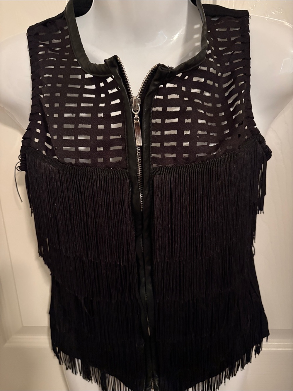 Black Fringe Zip-Front Sleeveless Tank vest trimmed in faux leather